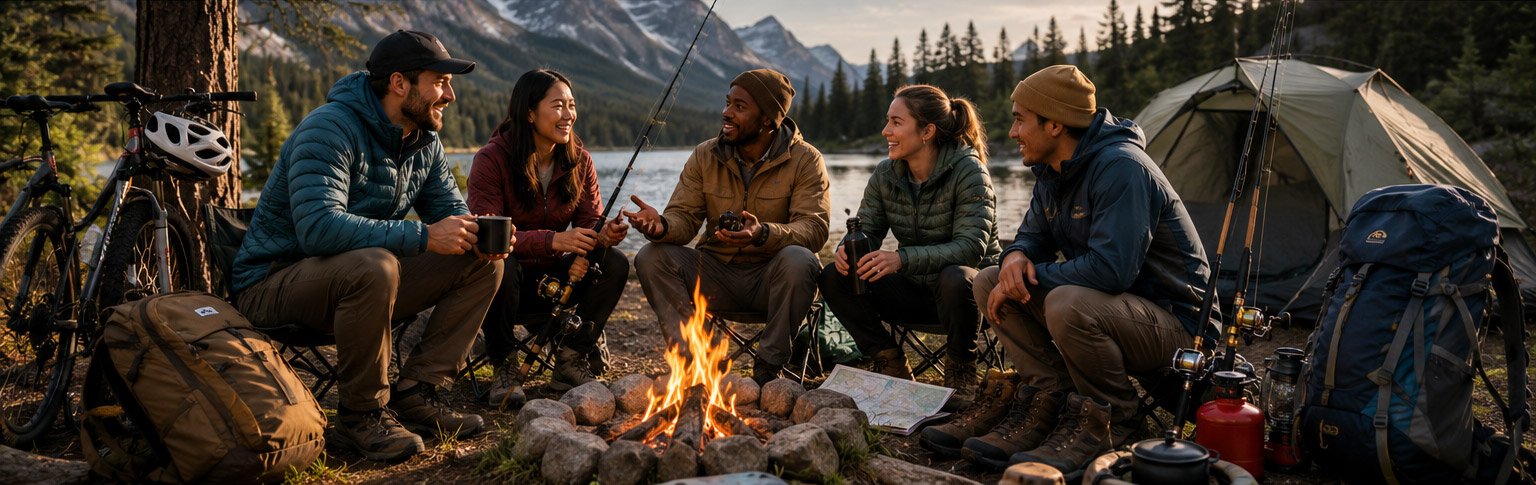 A diverse group of outdoor enthusiasts gathered around a campfire at sunset