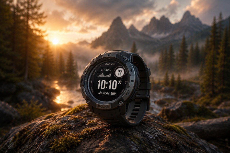 Garmin outdoor GPS smartwatch during mountain hiking